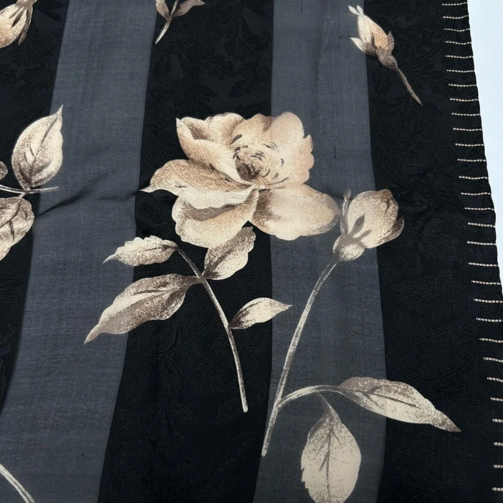 Vintage 100% Silk Black and Tan Floral Scarf